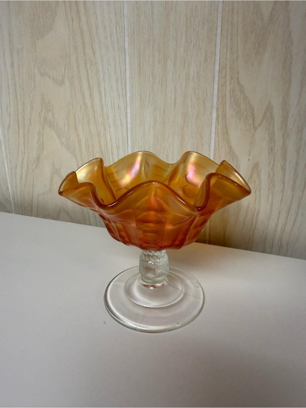 Fenton Amber-Orange Iridescent Ruffled Compote